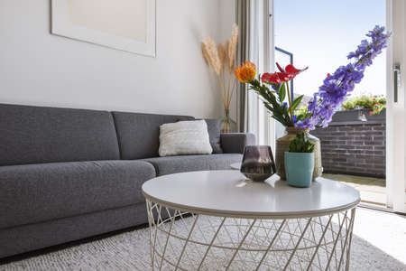 Elegant and spacious living room with beautiful furnitureの写真素材