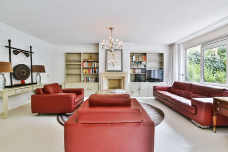 Stylish living room with big red sofa
