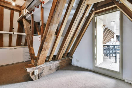 An attic with various wires from an electric applianceの写真素材