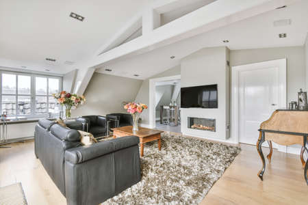 Modern living room with stylish black leather sofaの写真素材