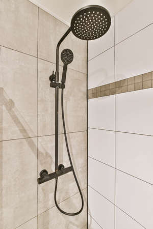 Modern shower stall in a bright bathroom