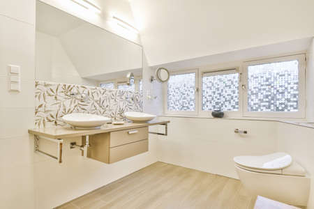 Design of restroom with toilet and two sinks