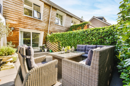 Courtyard of a stylish home with wicker benches