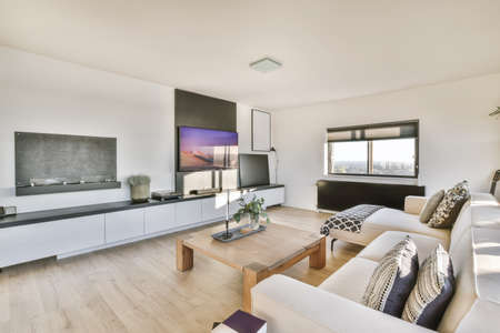 White colored living room with oriental rug furnished with gray sofa and rattan armchairの写真素材