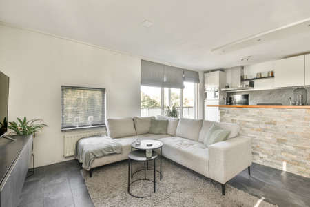 Luxurious living room in gray tones with a soft sofa and a round tableの写真素材