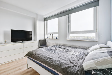 Attractive bedroom with plain gray bedspread on the bedの写真素材