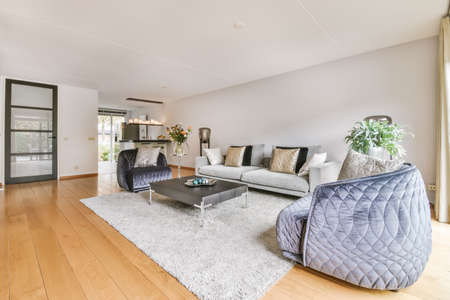 Simple expensive interior of living room with carpet and beige sofaの写真素材