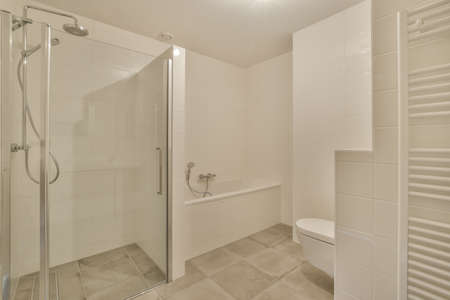 Interior of modern bathroom with shower cabin in the modern washroomの写真素材