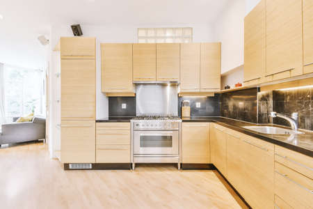 Interior of contemporary open plan kitchen with built in appliances and cabinets under ceiling with...