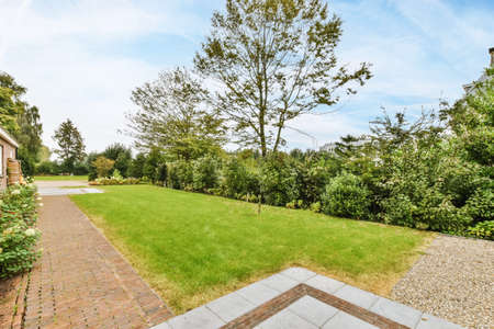 Green fresh lawn in front of the house