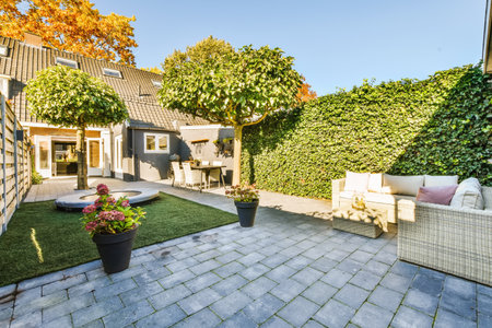 The courtyard of a house with well-groomed trees of a beautiful shapeの写真素材