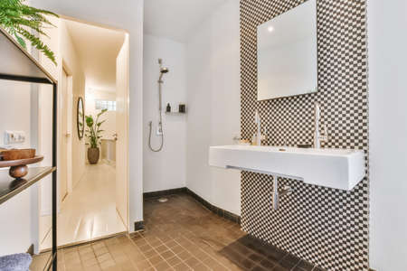 Luxury interior design of a bathroom with marble wallsの写真素材