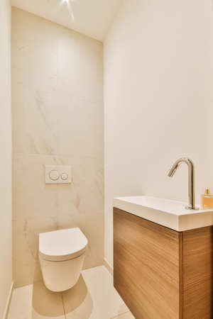 Luxurious restroom with a beautiful hanging wooden chest of drawers with a sinkの写真素材