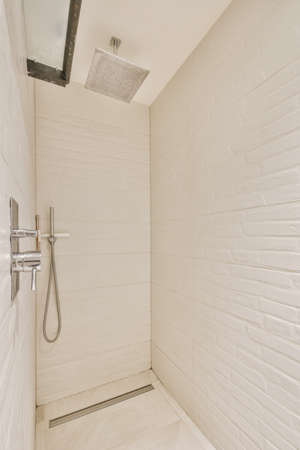 Modern shower stall in a bright bathroom