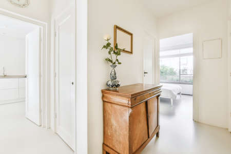 Light stylish corridor with a wooden chest of drawers