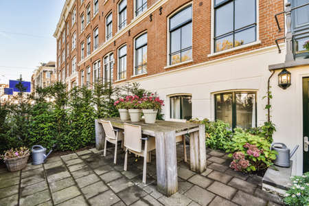 Delightful landscape of the courtyard of the house with greeneryの写真素材