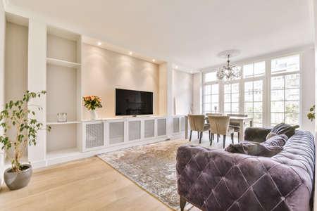 Stylish living room with purple velvet sofa