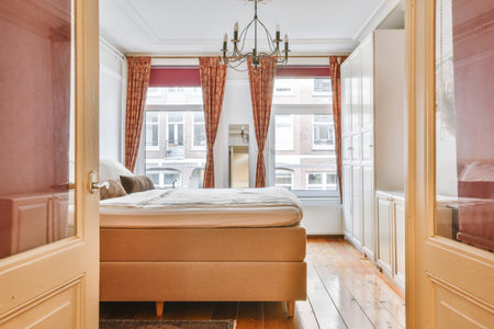 Elegant red-pink bedroom with soft and fluffy bed