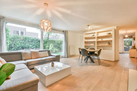 White colored living room with oriental rug furnished with gray sofa and rattan armchair