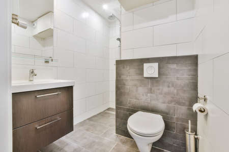 Modern bathroom with dark floor and white wallsの写真素材