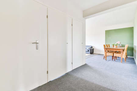Stylish corridor with gray carpet on the floor