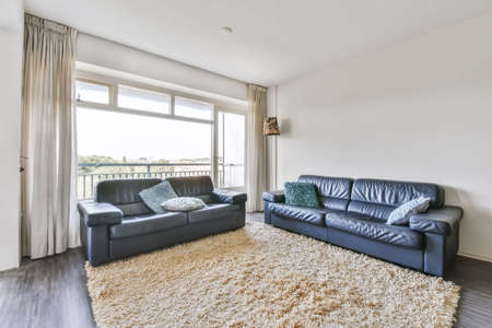 Luxurious living room with comfortable sofas upholstered in black leather