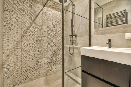 Luxury interior design of a bathroom with marble walls