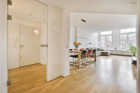 Interior of dining room with stylish table and chairs