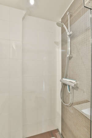 Modern shower stall in a bright bathroom
