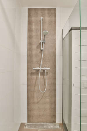 Modern shower stall in a bright bathroom