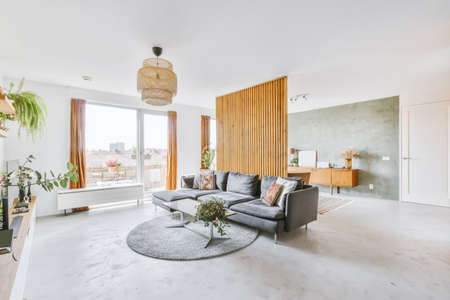 Gorgeous minimalist white living area with gray sofa