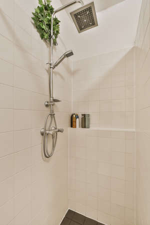 Modern shower stall in a bright bathroomの写真素材