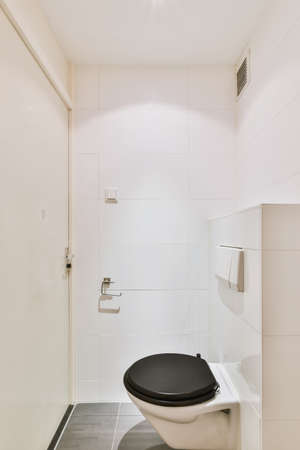Charming bathroom with a hanging toilet with a black lid