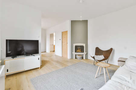 Real photo of a comfy living room interior with fireplace,television, a round table on gray rug,...