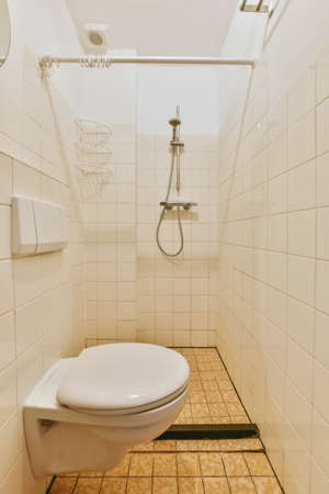 Mesmerizing bathroom design with tiled floor and toilet bowlの写真素材