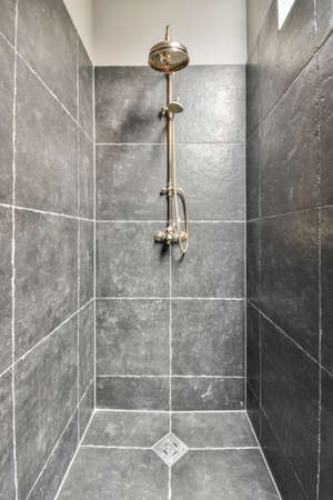 Modern shower stall in a bright bathroomの写真素材