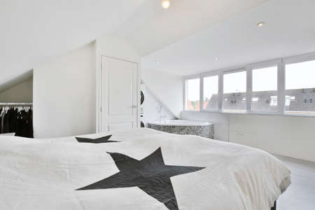 Modern bedroom with a black bed in daylight
