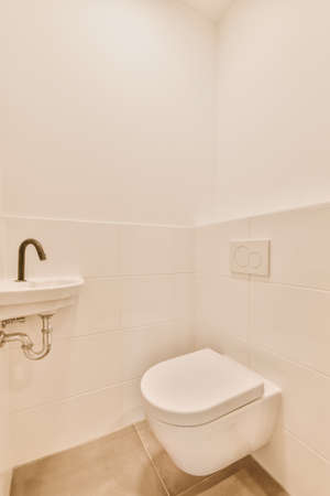 A delightful bathroom design with a hanging toilet and a small sink