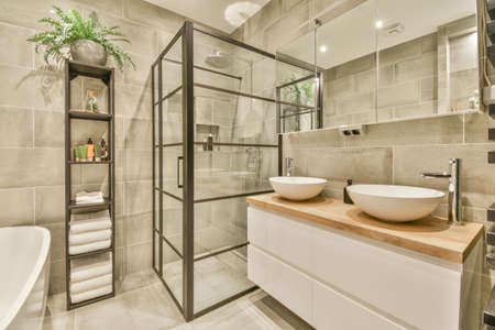 Luxury interior design of a bathroom with marble walls