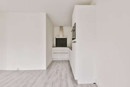 modern white kitchen next to the empty hall