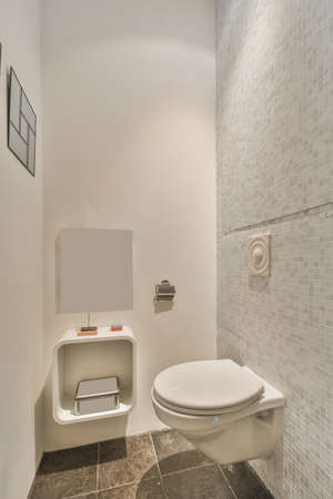 Interior of small clean restroom in miniature style