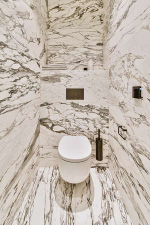 Attractive lavatory with hanging toilet and marble wallの写真素材