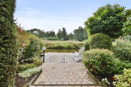 Mind-blowing wooden walkway surrounded by trees leading to the canalの写真素材