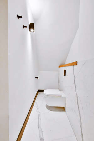 Stylish bathroom with marble floor and hanging toiletの写真素材