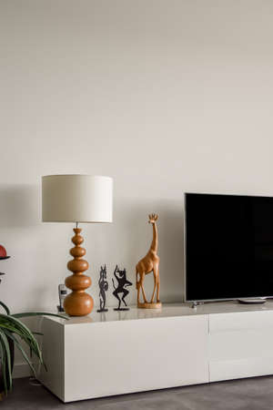 TV with stand and designer decorations on it. Modern designer lamp, home decor
