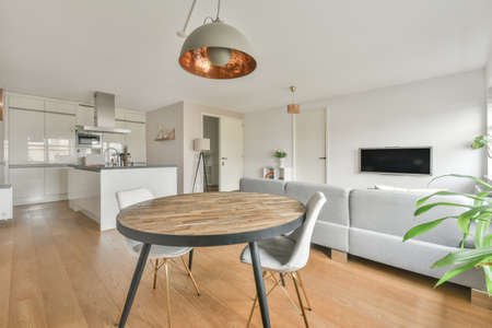 Studio apartment, with a huge space for a kitchen, living room and a small dining area in a modern...