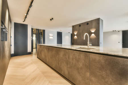A spacious room in a minimalist style with a marble counter and a built-in sink in a modern house