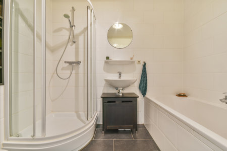 Bathroom in a modern design with shower, sink and bathtub in a traditional house