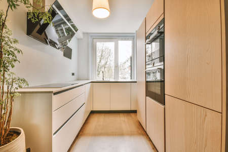 Interior of modern simple kitchen with multi storey cooker, long corridor and bright color