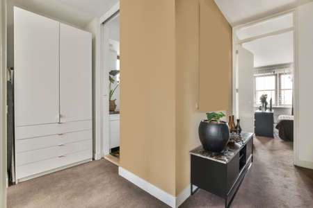 A narrow corridor with a carpeted floor in a modern and cozy house